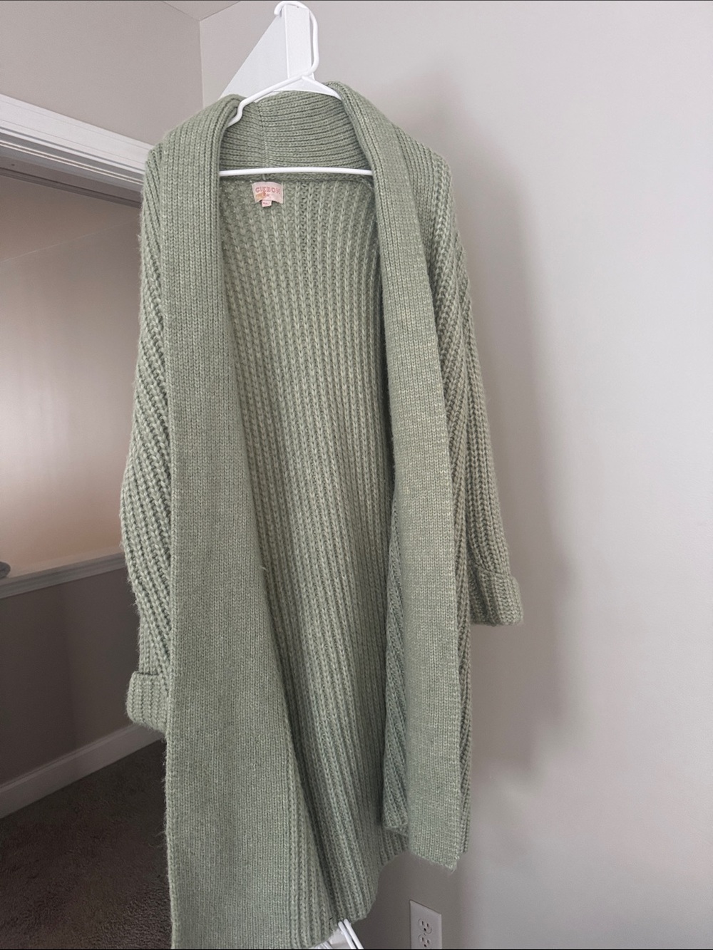Open-Front Light Sage Knit Cardigan with Shawl Collar